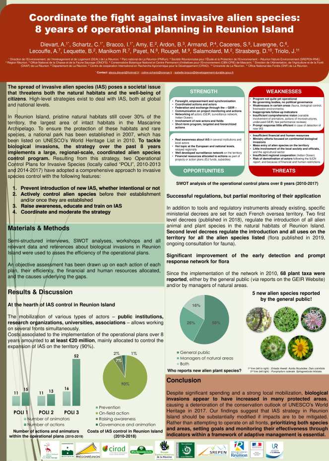 Dievart, A., Schartz, C., Bracco, I., Amy, E., Ardon, B., Armand, P., Caceres, S., Lavergne, C., Lecouffe, A., Lequette, B., Manikom, R., Payet, N., Rouget, M., Salamolard, M., Strasberg, D., Triolo, J. (2019). Coordinate the fight against invasive alien species: 8 years of operational planning in Reunion Island. Poster. Island Biology 2019 - III International Conference on Island Evolution, Ecology, and Conservation. Saint-Denis, La Réunion. DOI: 10.13140/RG.2.2.16952.70402
