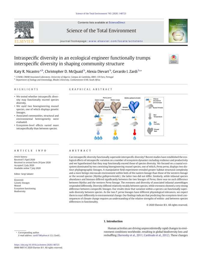 Nicastro, K.R., McQuaid, C.D., Dievart, A. & Zardi, G.I. (2020). Intraspecific diversity in an ecological engineer functionally trumps interspecific diversity in shaping community structure. Science of The Total Environment 743, 140723. DOI : 10.1016/j.scitotenv.2020.140723