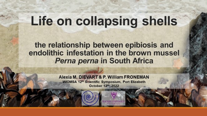 Dievart A. M. & Froneman P. W. (2022). Life On Collapsing Shells: The Relationship Between Epibiosis And Endolithic Infestation In The Brown Mussel Perna perna in South Africa. Oral Presentation. WIOMSA 12th Scientific Symposium. Port Elizabeth, Eastern Cape, South Africa. Presented on 12/10/2022. DOI: 10.13140/RG.2.2.30991.56481 - Open Access